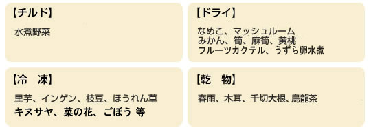 取扱商品:水煮野菜、生ゆば、ザーサイ、なめこ、マッシュルーム、みかん、筍、麻筍、黄桃、里芋、インゲン、枝豆、ほうれん草、ドライフルーツ、烏龍茶、木耳、春雨、ビーフン